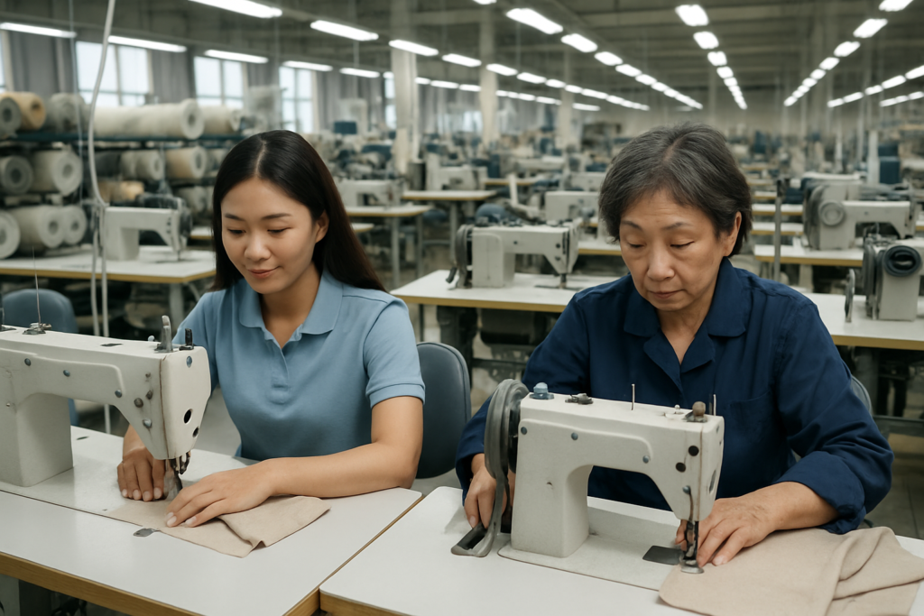 縫製工場で特定技能外国人労働者が日本人職人と協力してミシン作業をしている様子