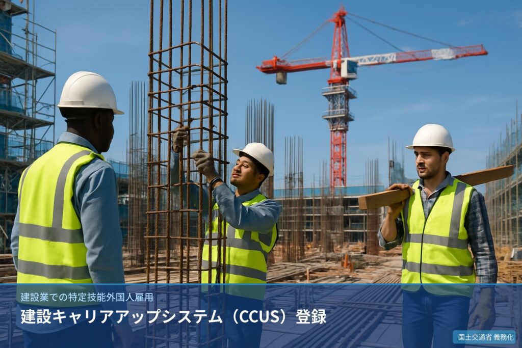 建設業での特定技能外国人雇用と建設キャリアアップシステム（CCUS）登録のイメージ