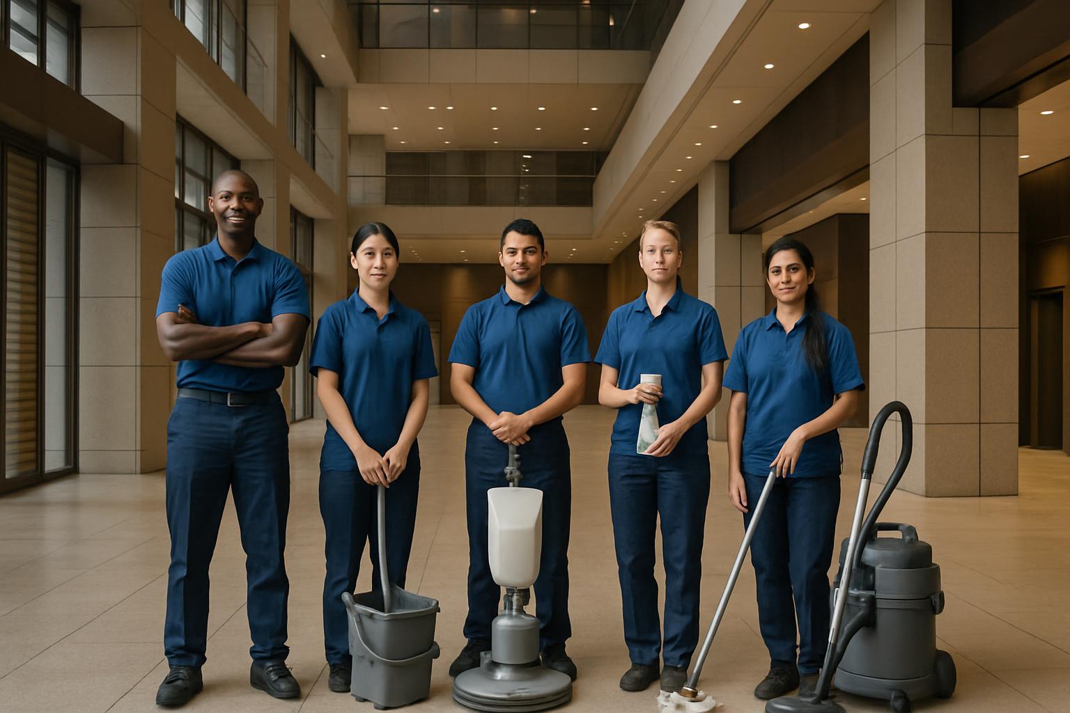 日本の商業ビルで清掃業務を行う外国人スタッフチームのイメージ