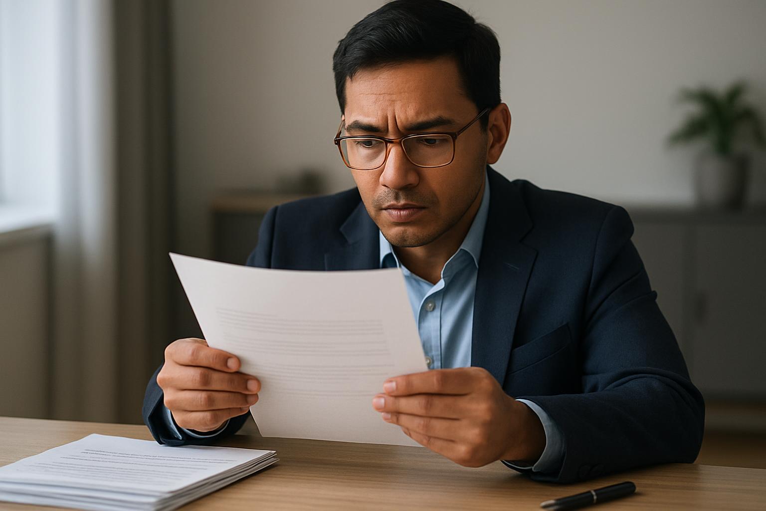 不許可通知書を確認する外国人ビジネスパーソン