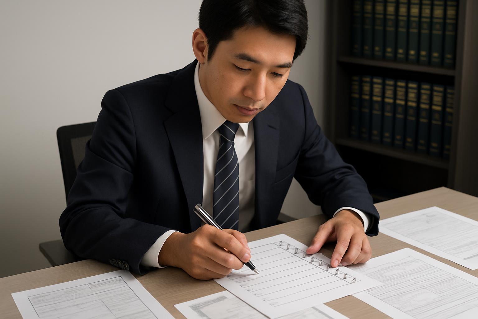 育成就労制度の受入企業の基本要件を確認するビジネスパーソン