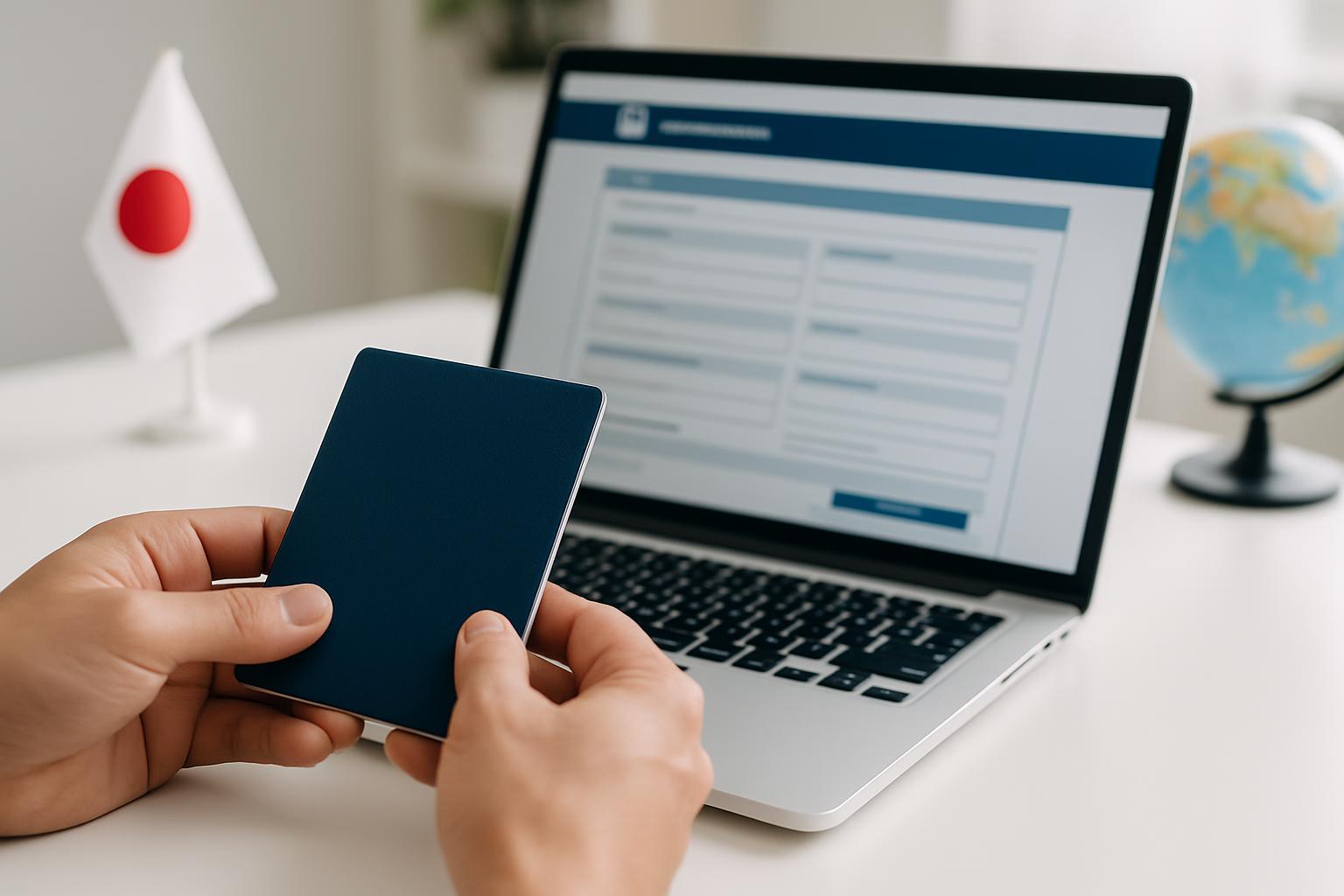 パスポートとノートパソコンで電子渡航認証を申請するイメージ
