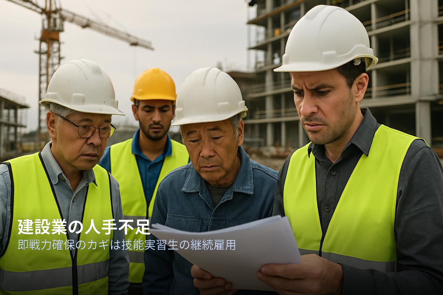 建設業の人手不足と技能実習生の重要性を示す現場イメージ