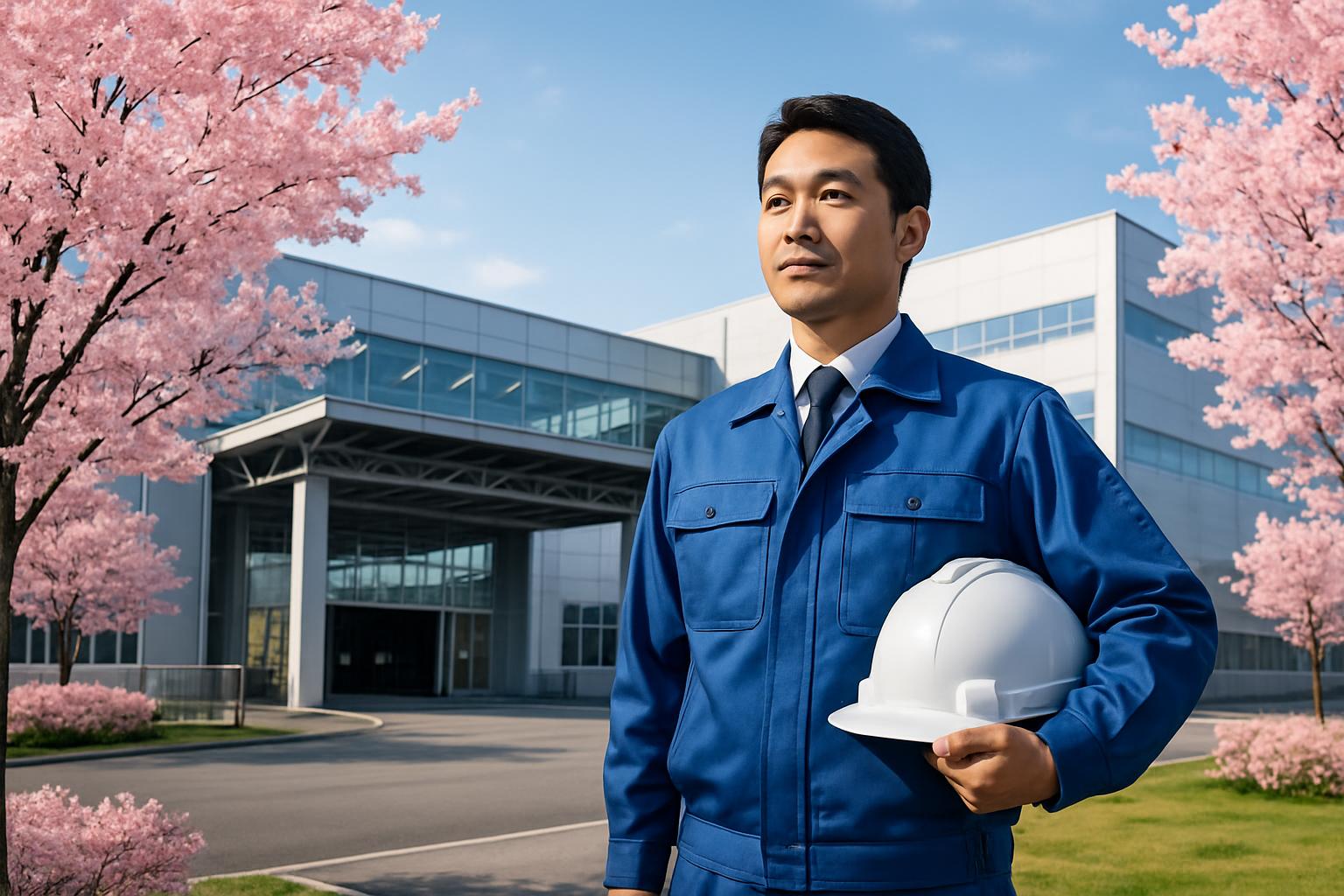 日本の製造工場の前に立つ特定技能外国人労働者