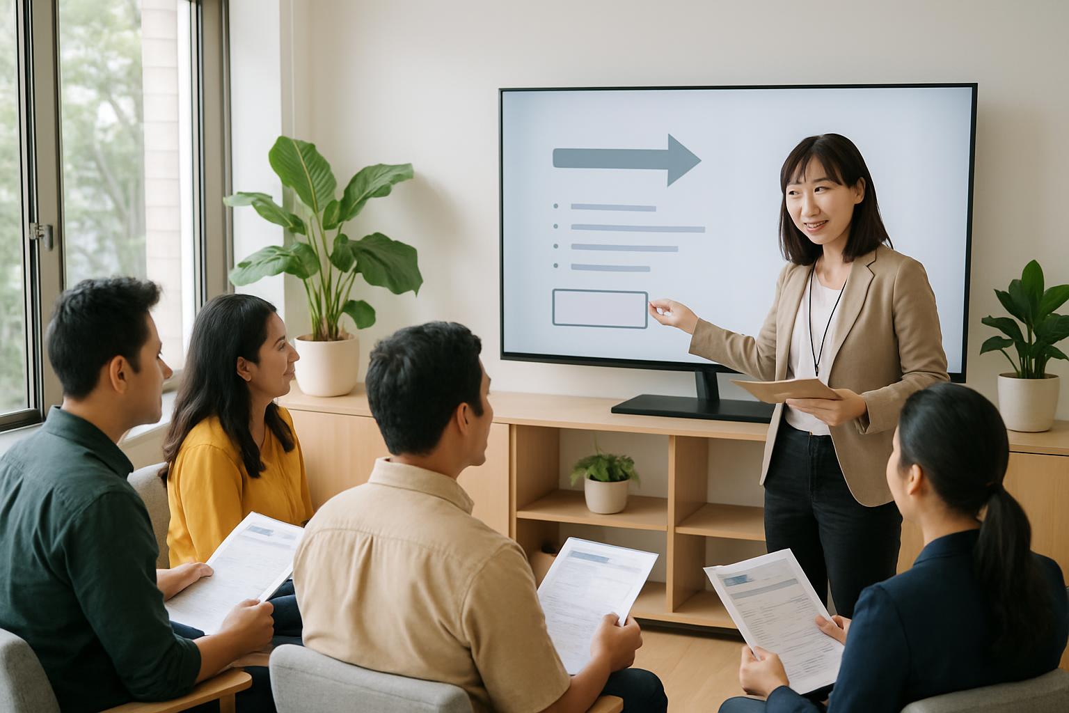 登録支援機関の受付で外国人労働者を迎える日本人スタッフのイメージ