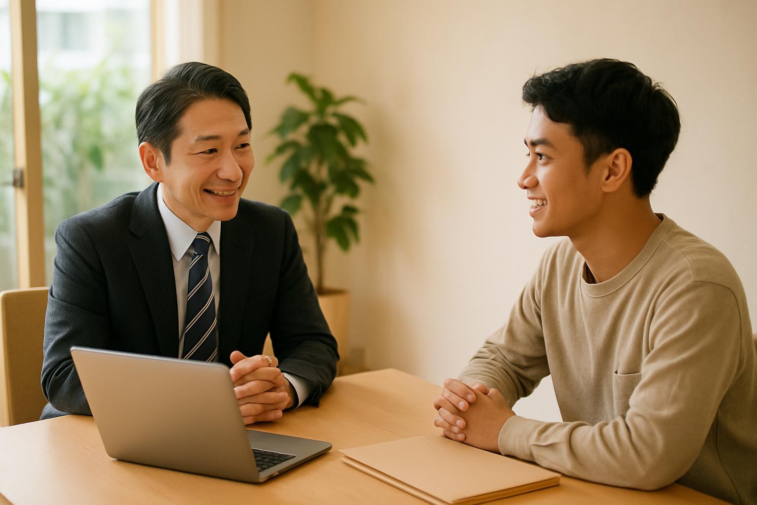 登録支援機関の支援担当者が外国人労働者に丁寧に相談対応する様子