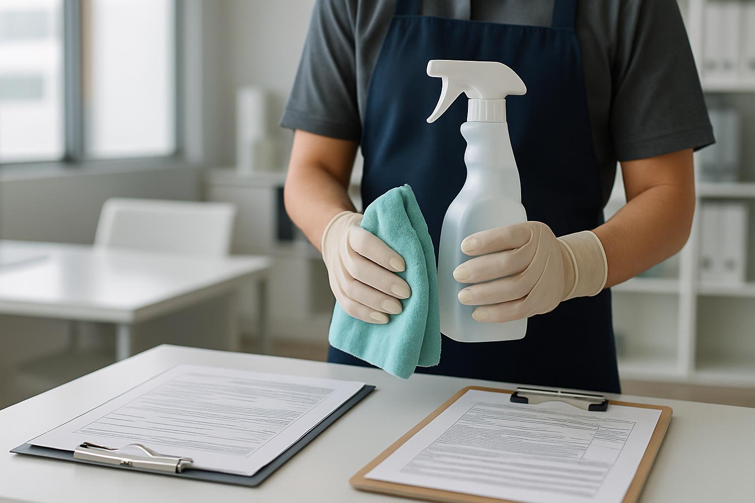 ビルクリーニング関連の資格証明書と清掃用具のイメージ