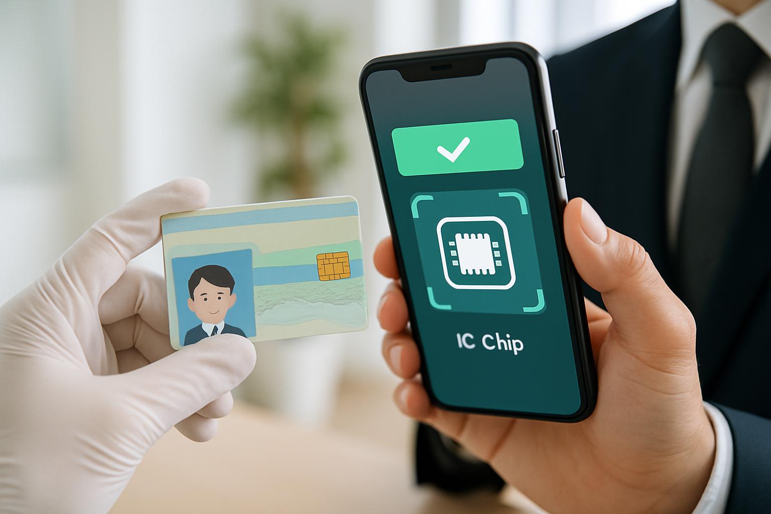 在留カードのICチップをスマートフォンアプリで確認している場面