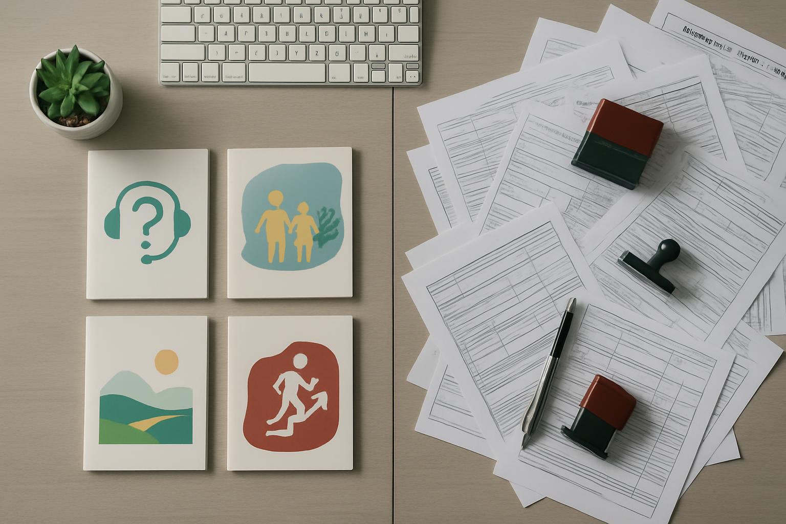 支援業務と書類作成業務の境界を示すデスク上の資料