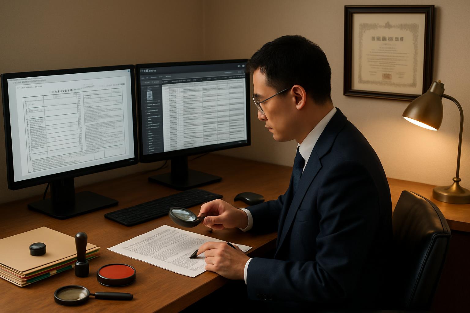 在留資格申請書類を作成する行政書士のデスク