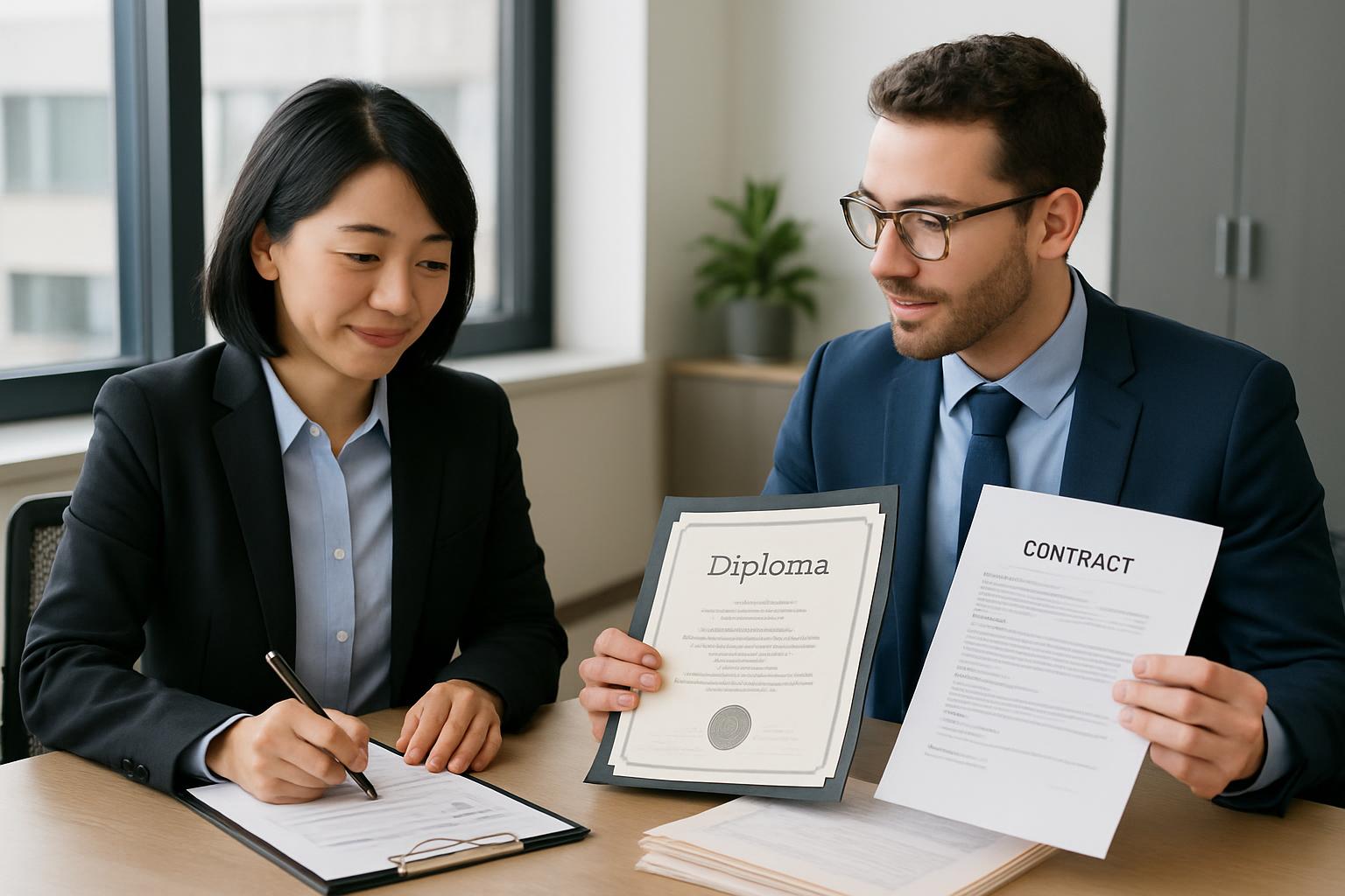 書類確認と不許可理由を分析する担当者と外国人従業員