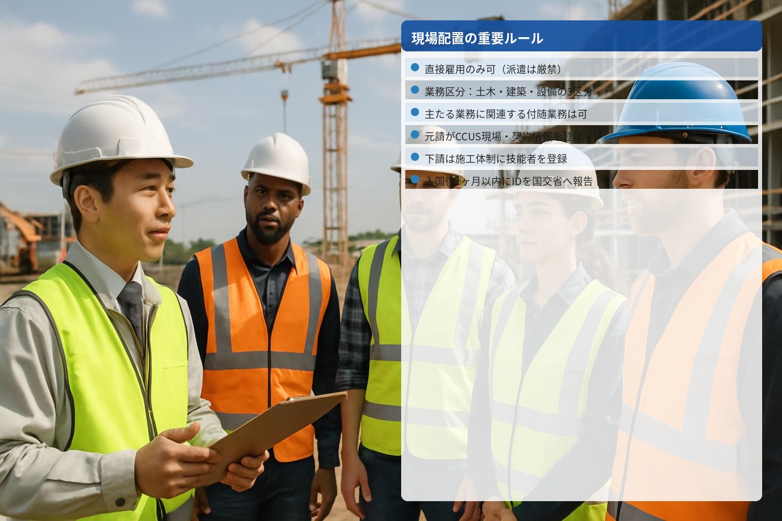 建設現場での特定技能外国人の現場配置ルールのイメージ