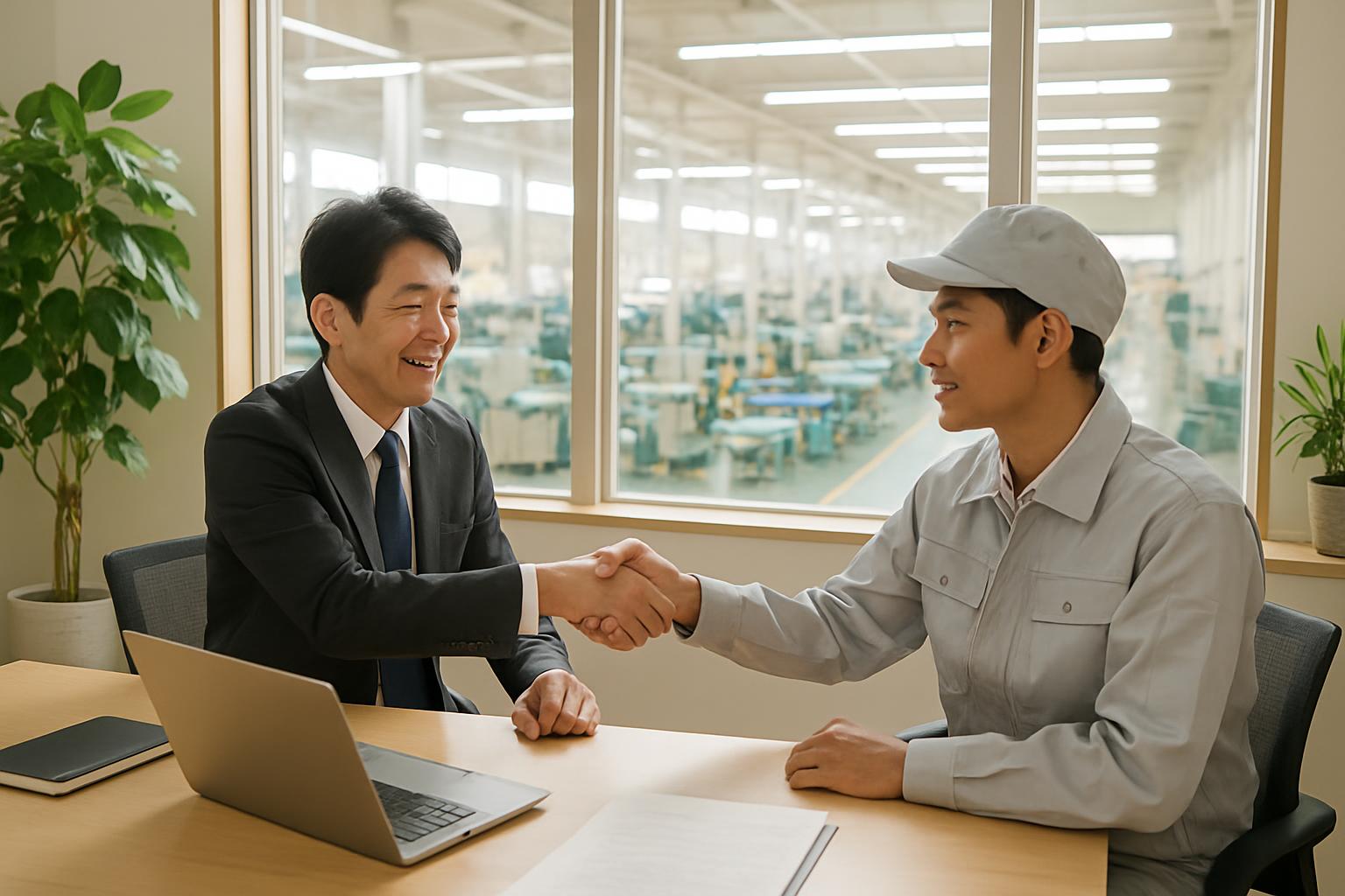外国人従業員と握手する企業担当者