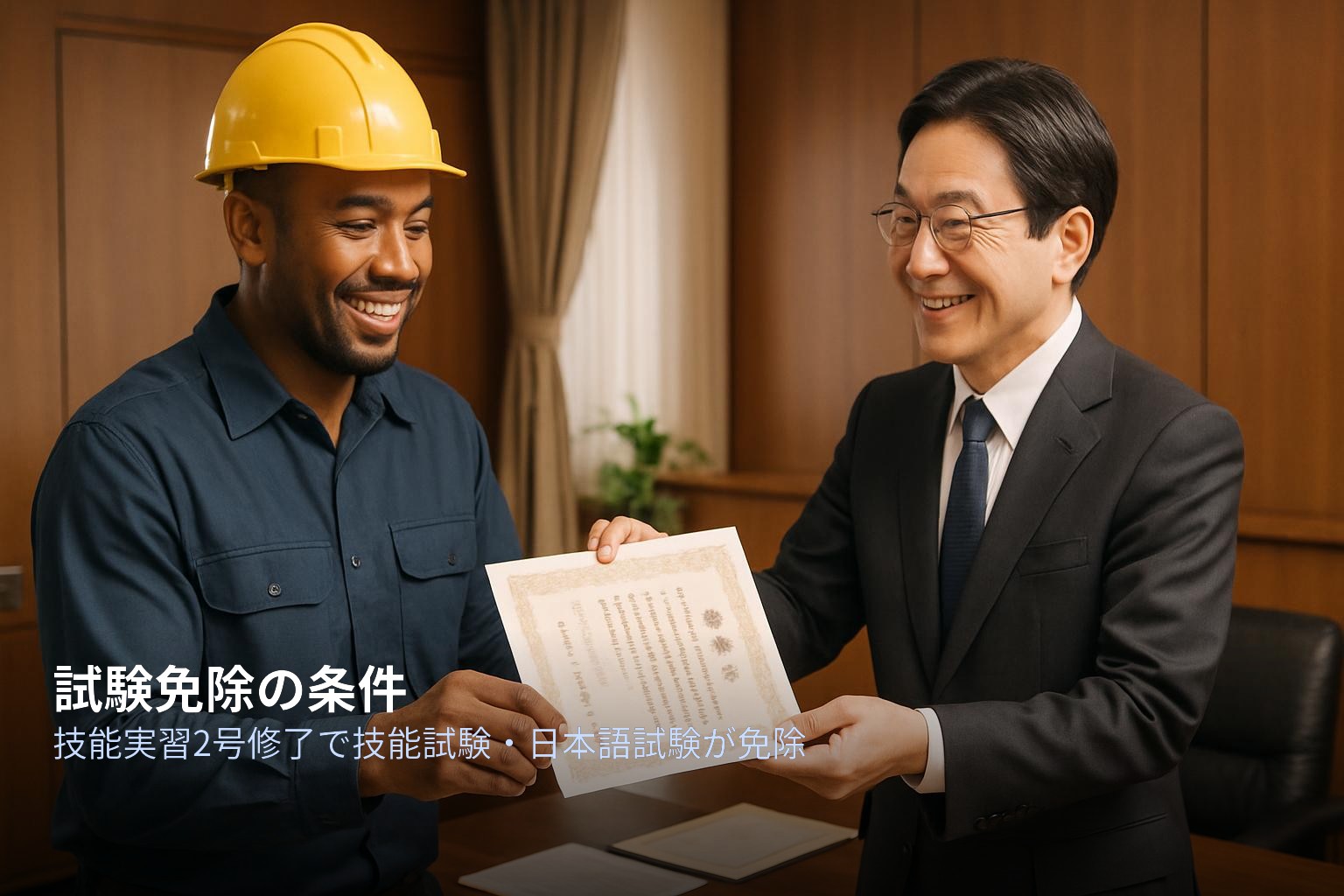 技能実習2号修了者の試験免除条件と業務区分対応表イメージ