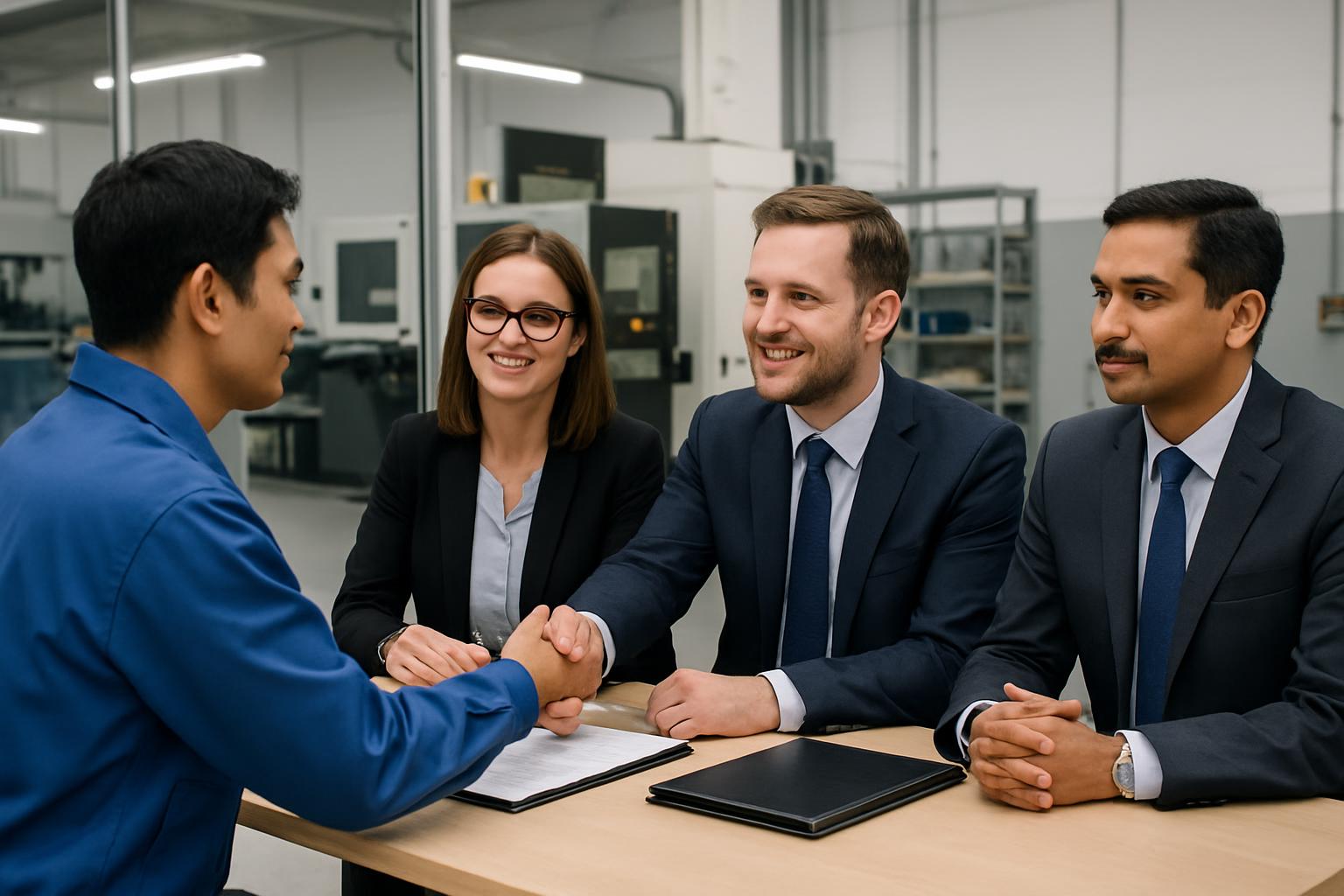 転籍手続きを行う外国人労働者と受入企業・新企業の三者協議シーン