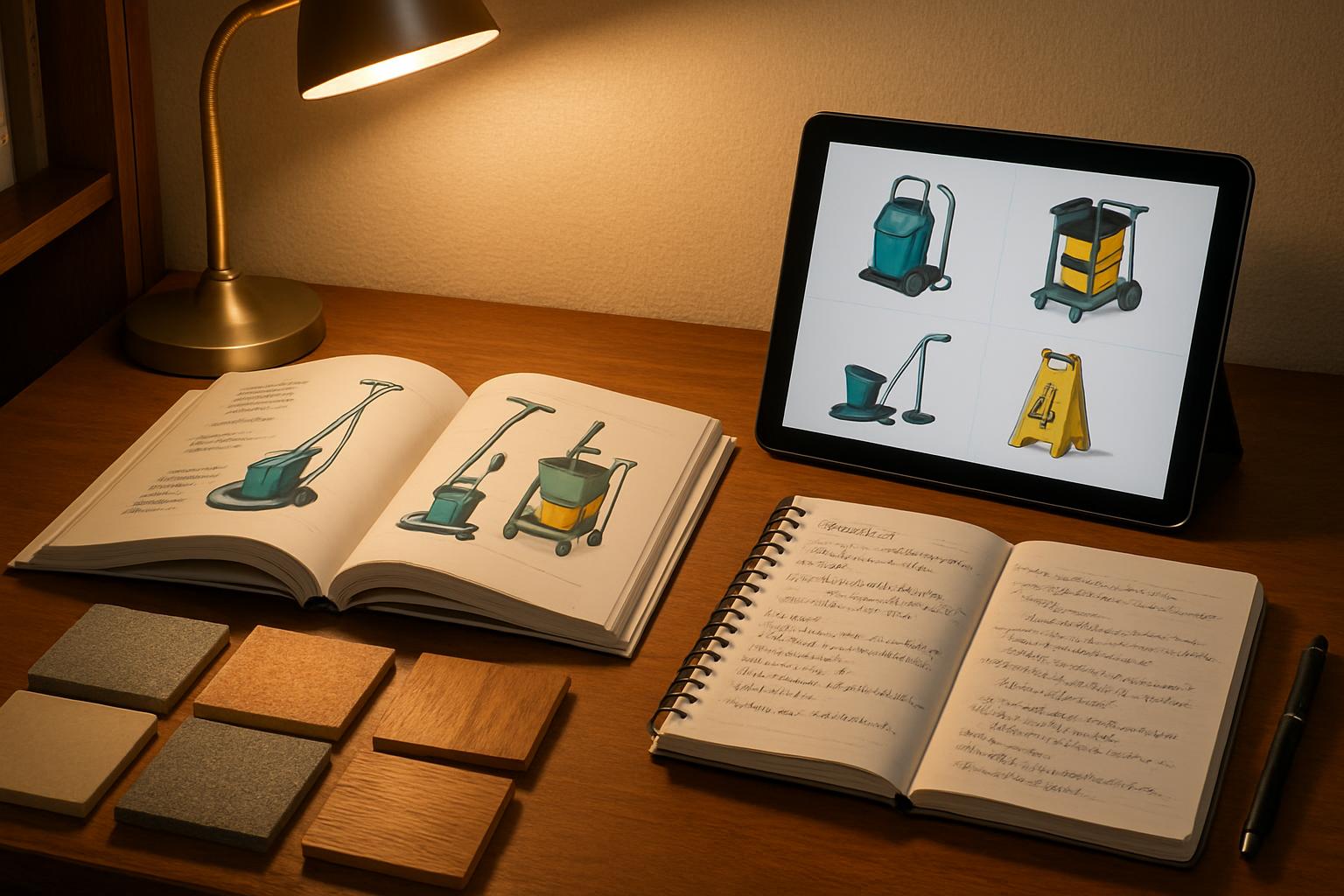 ビルクリーニング特定技能評価試験の学習教材と床材サンプルのイメージ