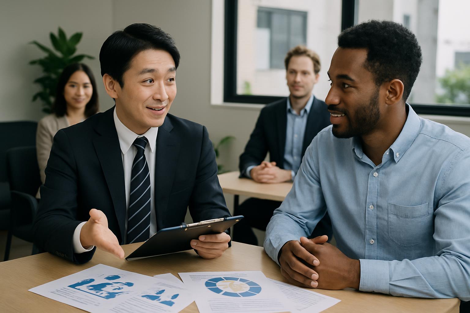 行政書士と企業の人事担当者が書類を確認しながら相談している場面