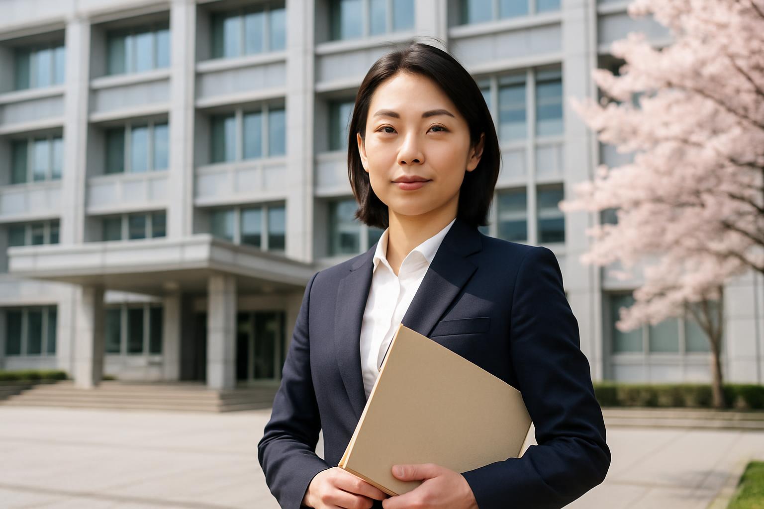 法律文書を持ち官公署の前に立つ行政書士