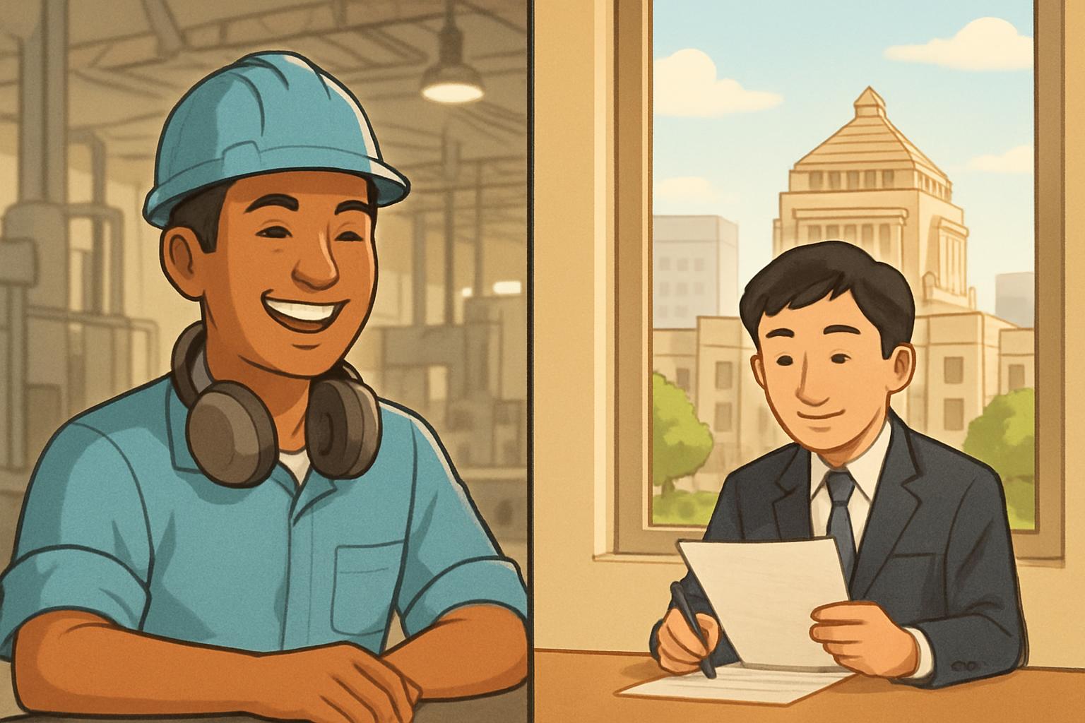 外国人従業員が就労を続けながら行政書士が手続きを代行するイメージ