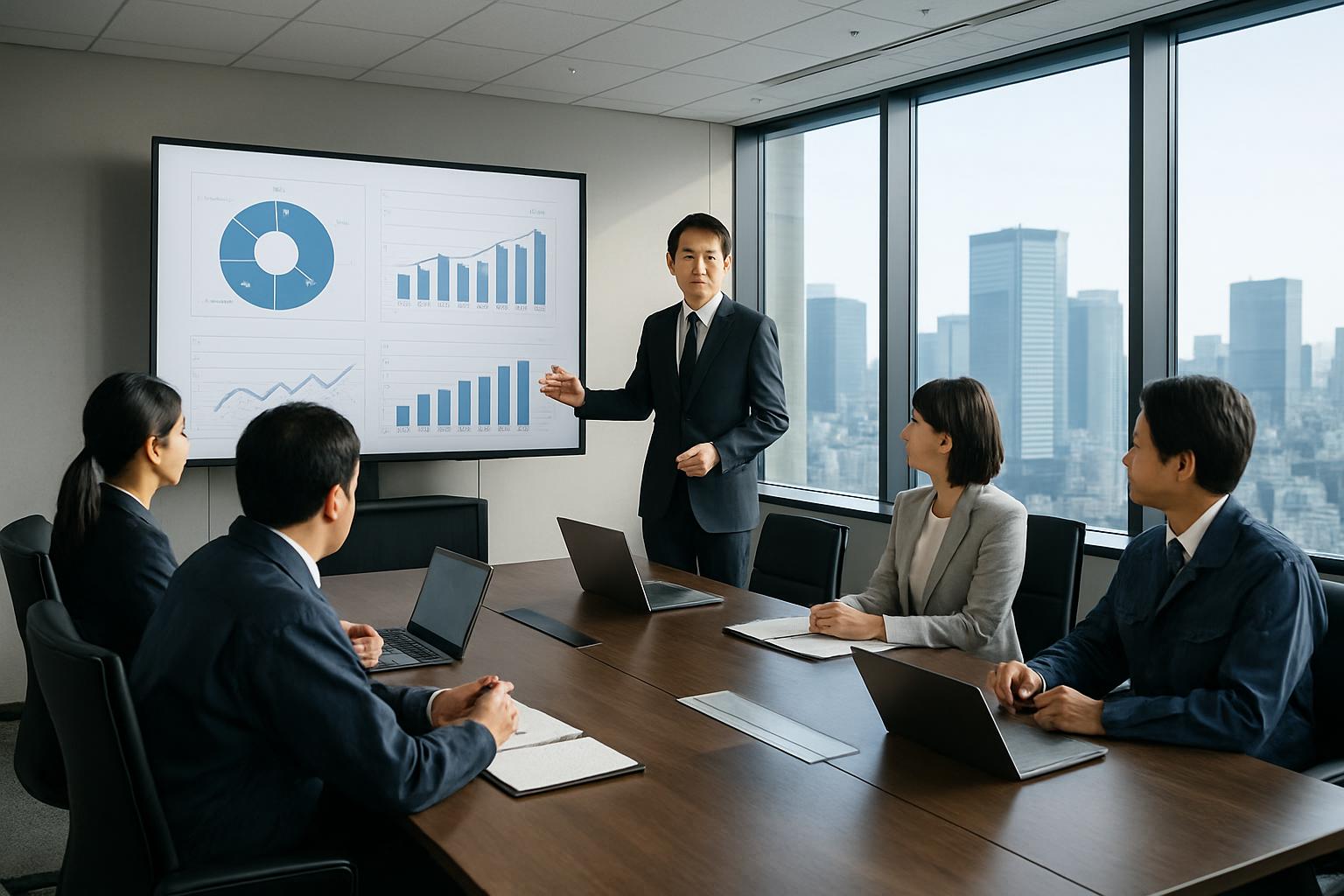 会議室でプレゼンテーションを行うビジネスパーソン