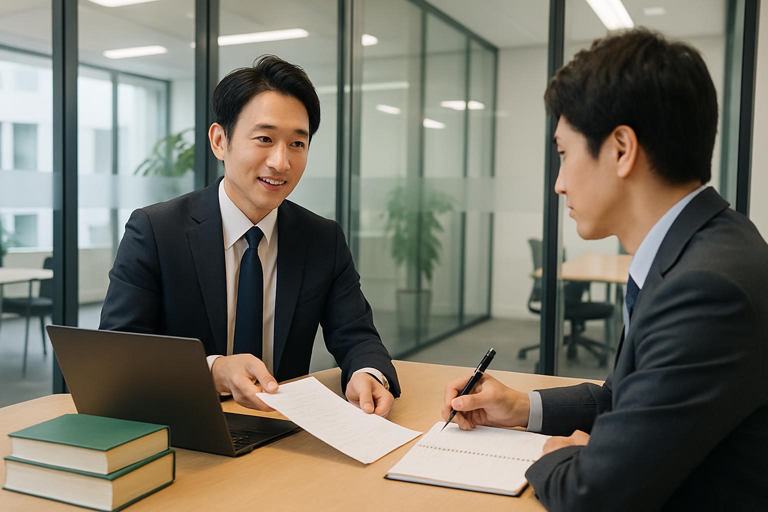 行政書士が登録申請書類の作成を説明するイメージ