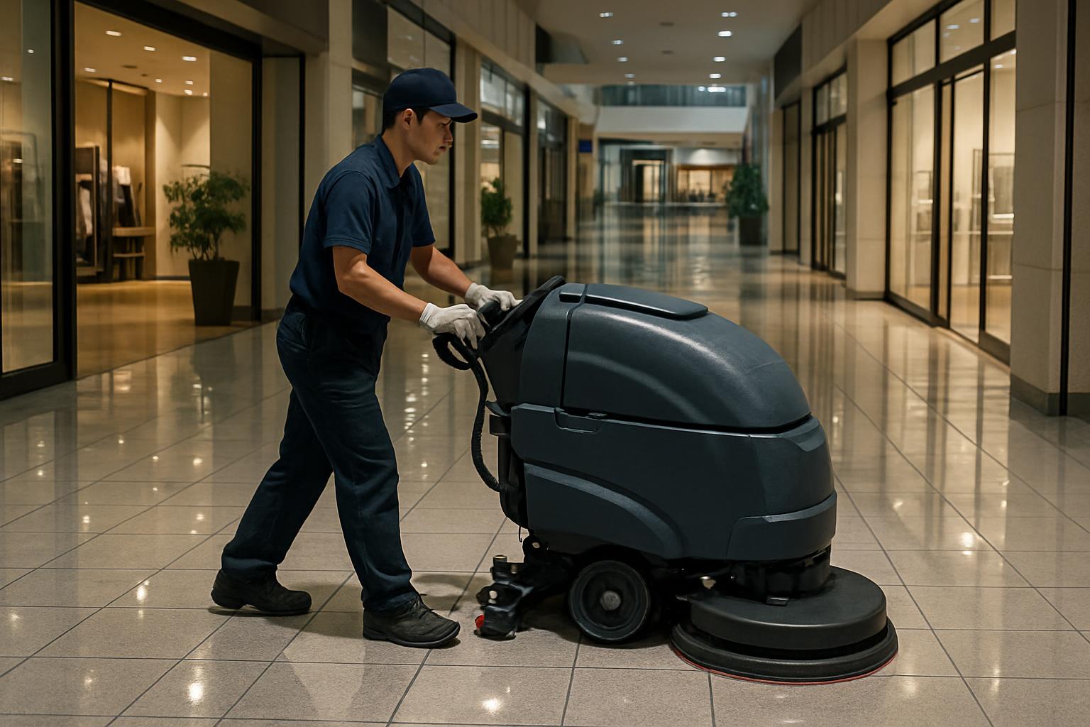商業施設でポリッシャーを使って床清掃を行う清掃スタッフのイメージ