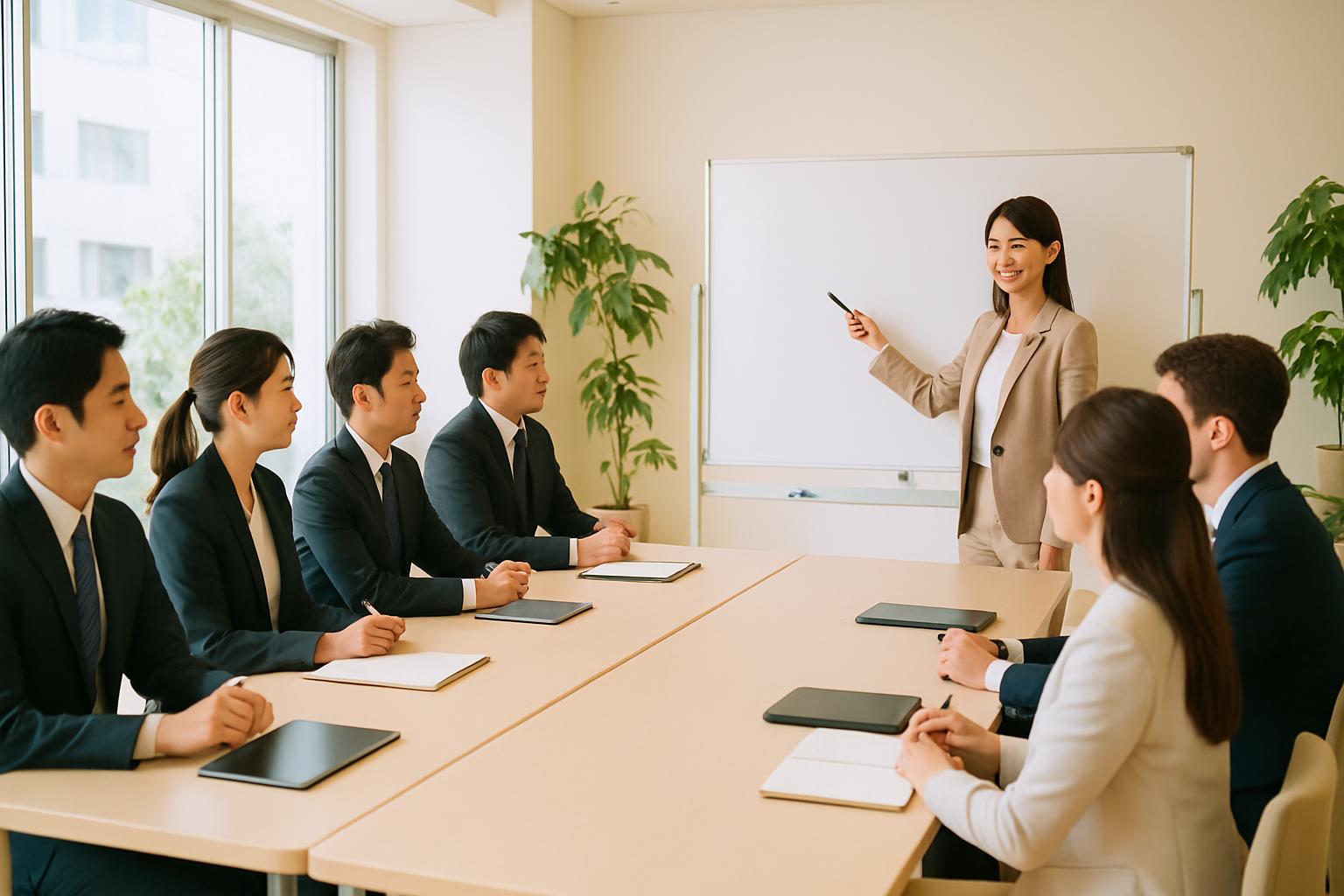 コンプライアンス研修を行う企業の担当者たち