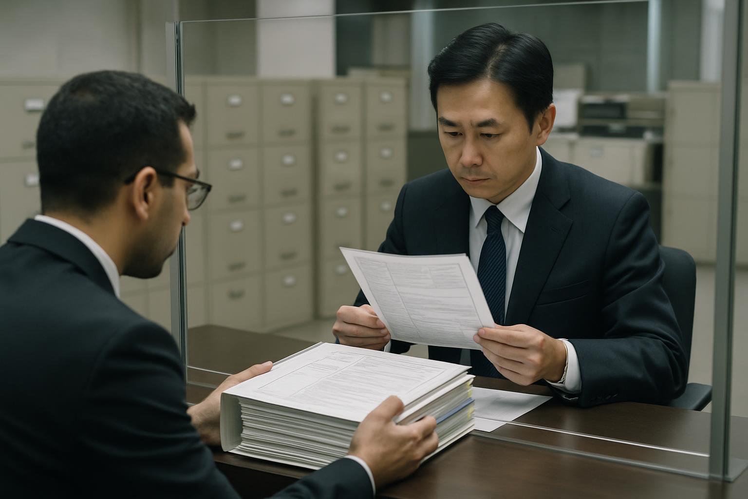 審査窓口で書類を提出する外国人申請者