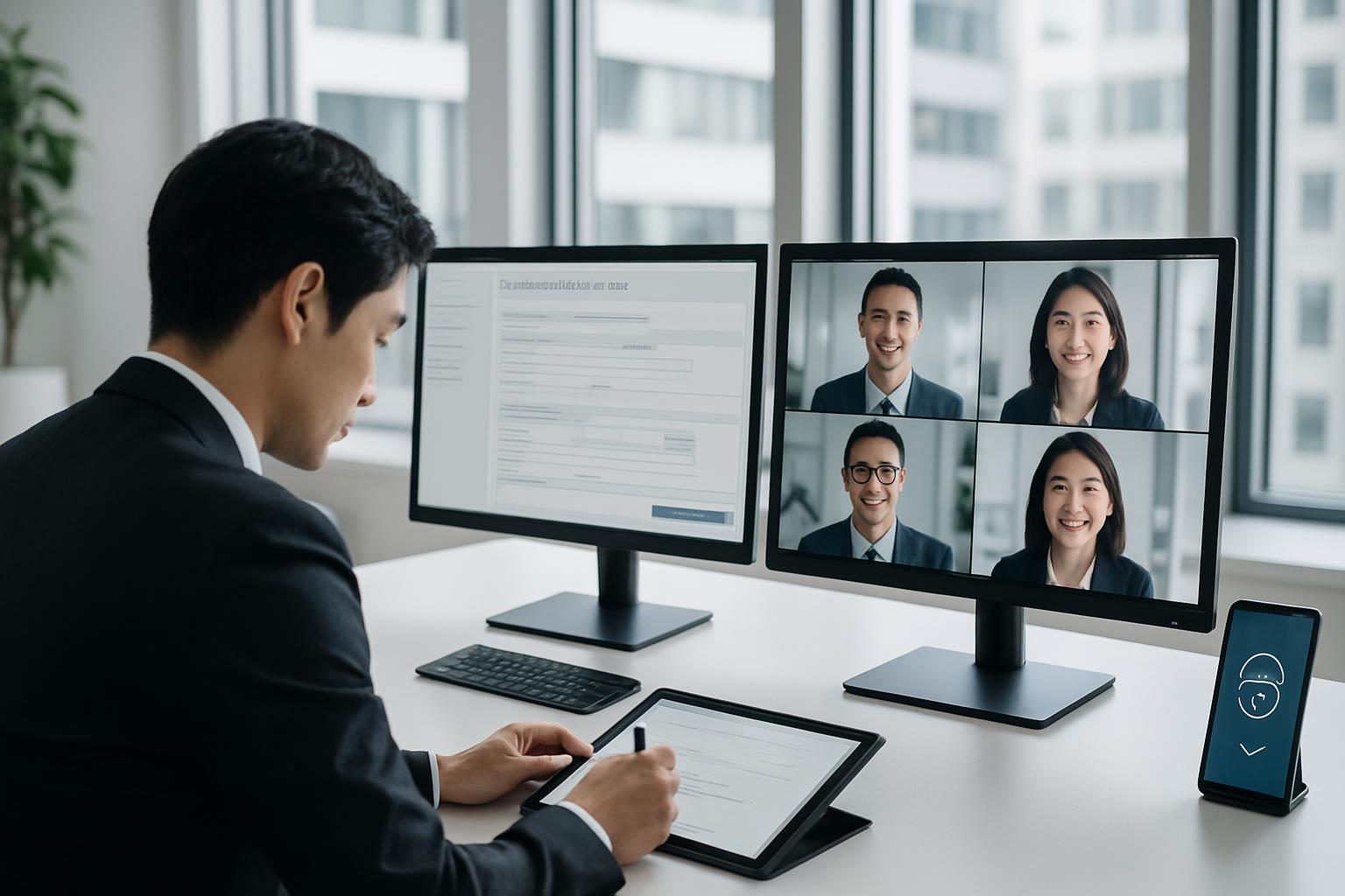 デジタル機器を活用して電子申請を行う行政書士のデスク