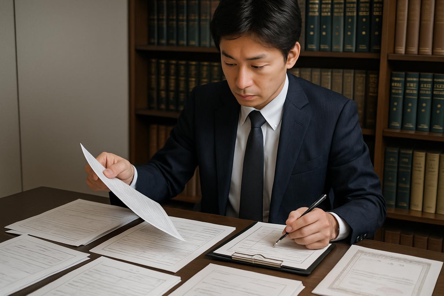 行政書士が処遇基準に関する書類を確認する様子
