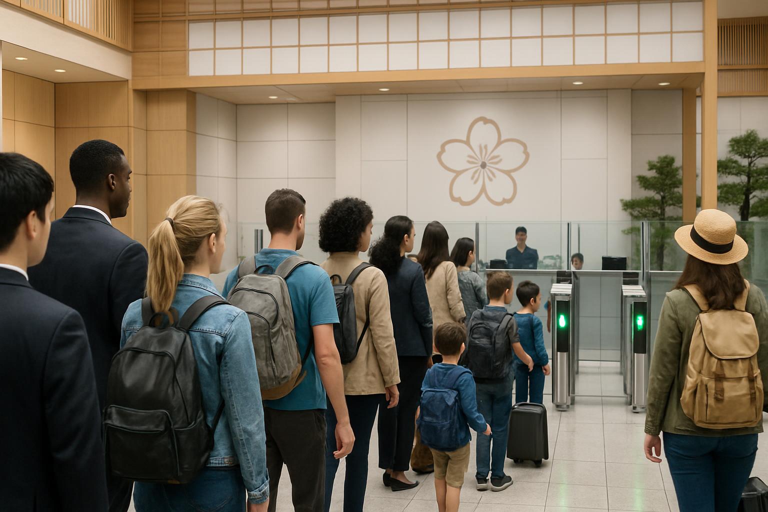日本の空港入国審査ゲートに並ぶ多国籍の旅行者