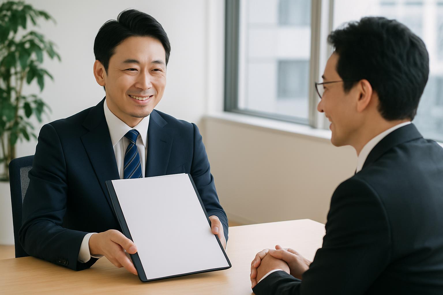 行政書士が完成した支援計画書をクライアントに説明するイメージ