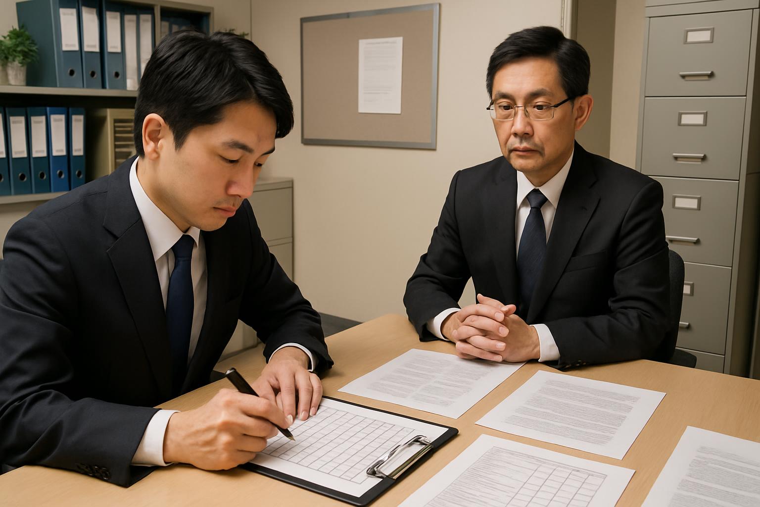 外部監査人が受入機関の届出書類を点検するコンプライアンス確認シーン