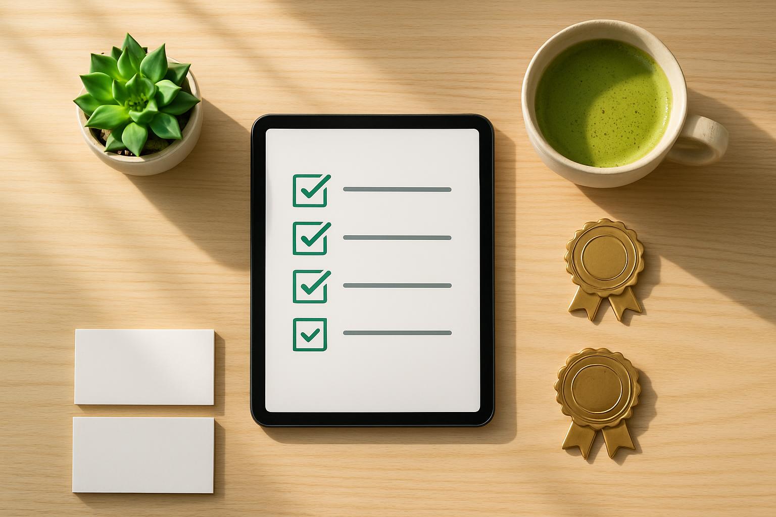 コンプライアンスチェックリストと確認資料が並ぶデスク