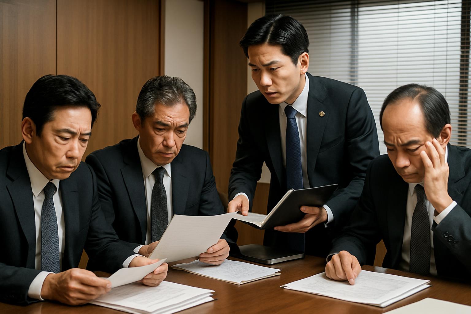 企業の役員が法律顧問から外国人雇用の法令違反について説明を受けている深刻な会議シーン