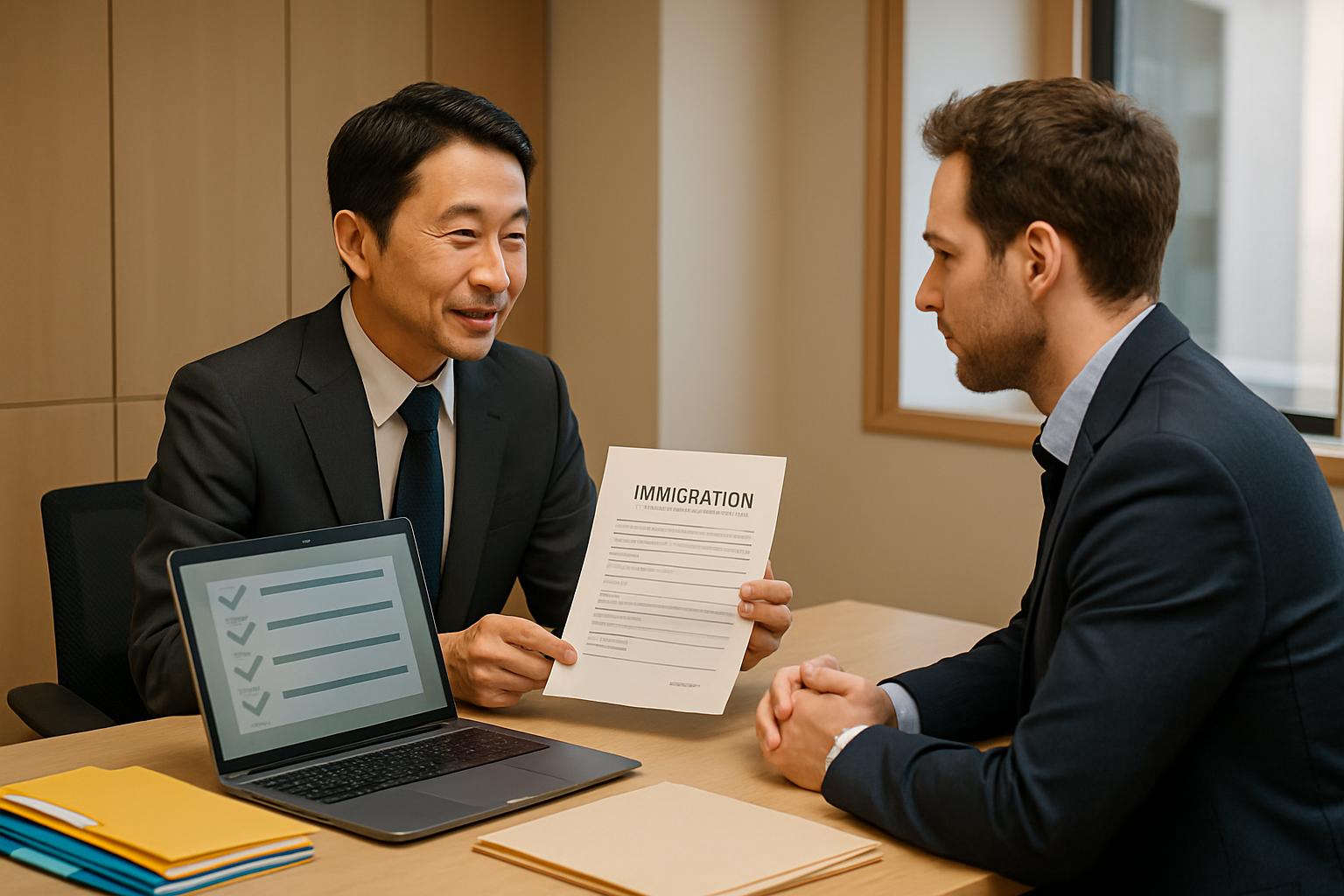 外国人従業員と在留資格書類を確認する日本人人事担当者