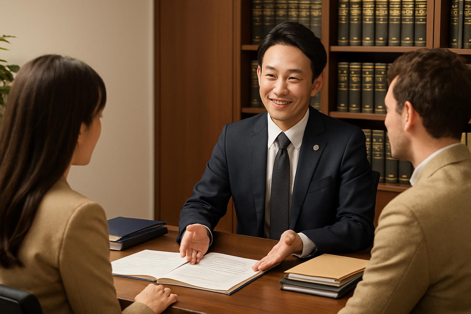 行政書士事務所で外国人夫婦が専門家に相談するシーン