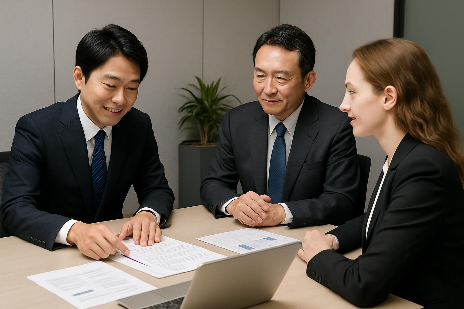 行政書士が企業担当者と外国人労働者に申請手続きを説明する様子