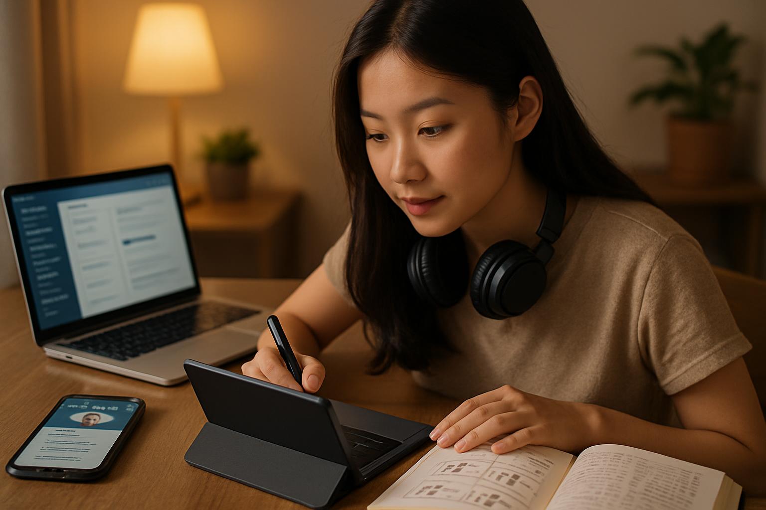 タブレットやスマートフォンで日本語を学習する外国人労働者