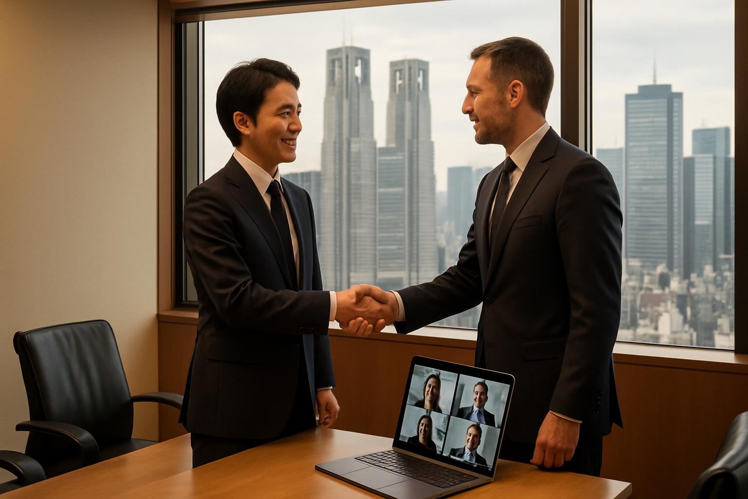 東京のオフィスで外国人ビジネスパーソンと握手する日本のビジネスマン