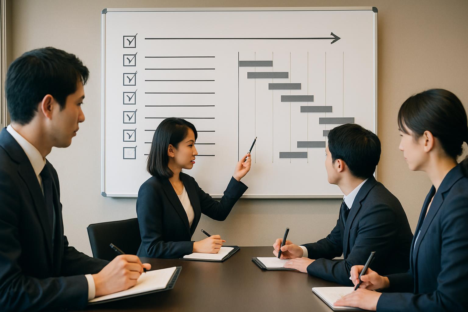 2027年施行に向けた企業準備チェックリストを確認する経営チーム