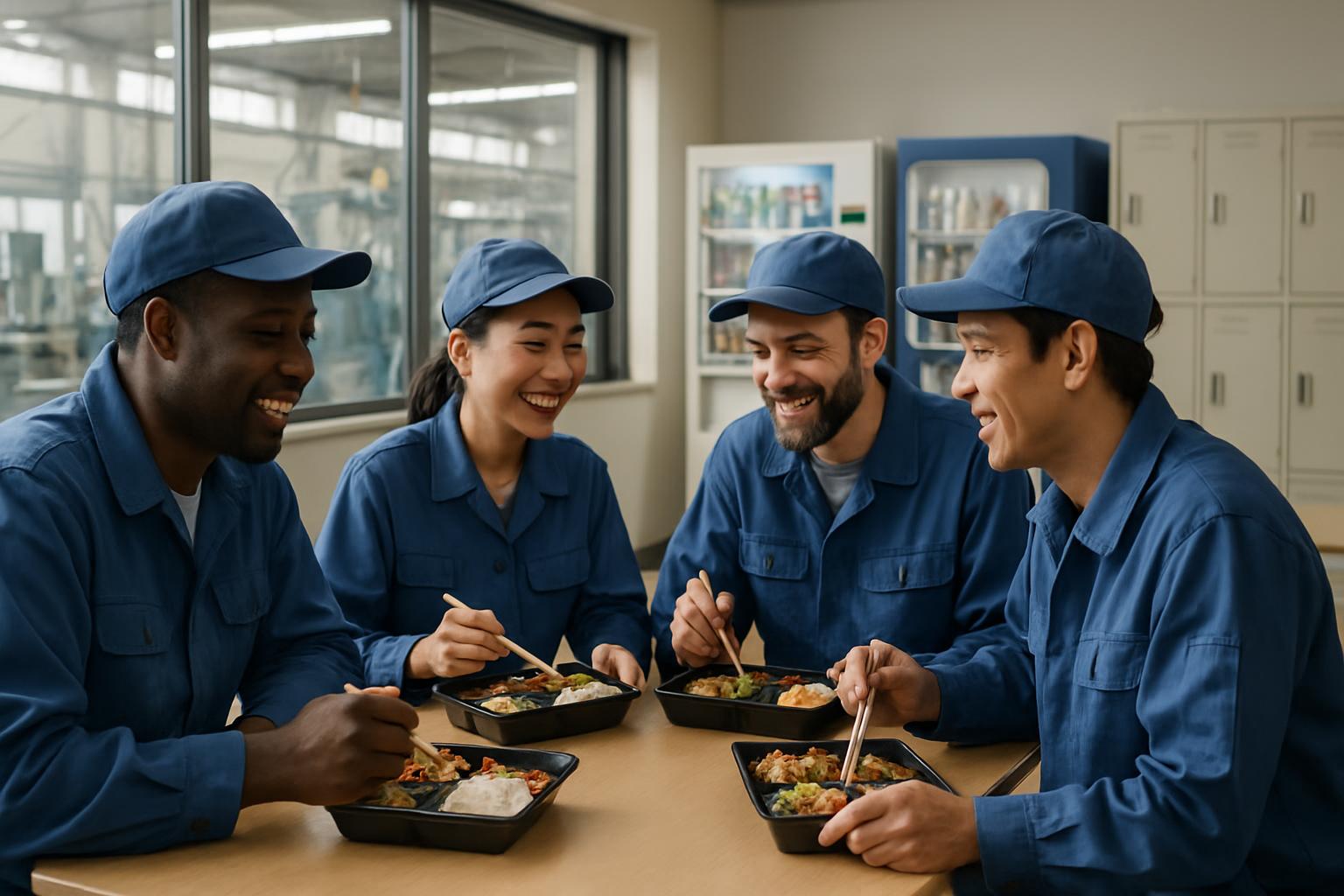 休憩室で食事をしながら交流する多国籍の製造業チーム