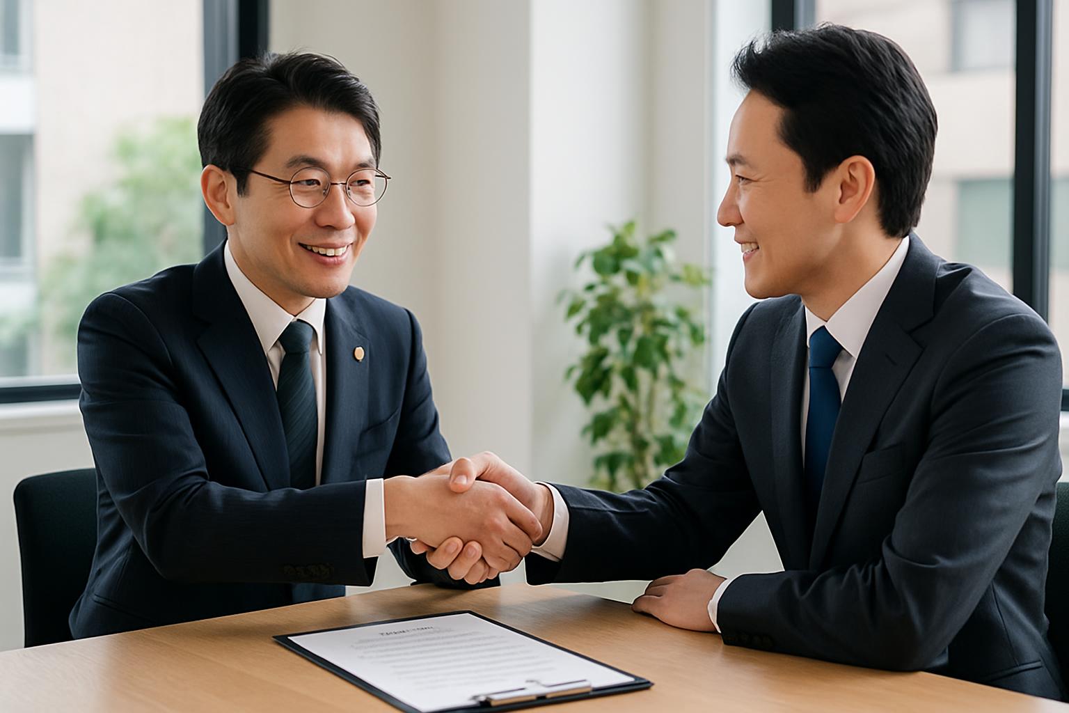 行政書士とクライアントが契約を結ぶ様子