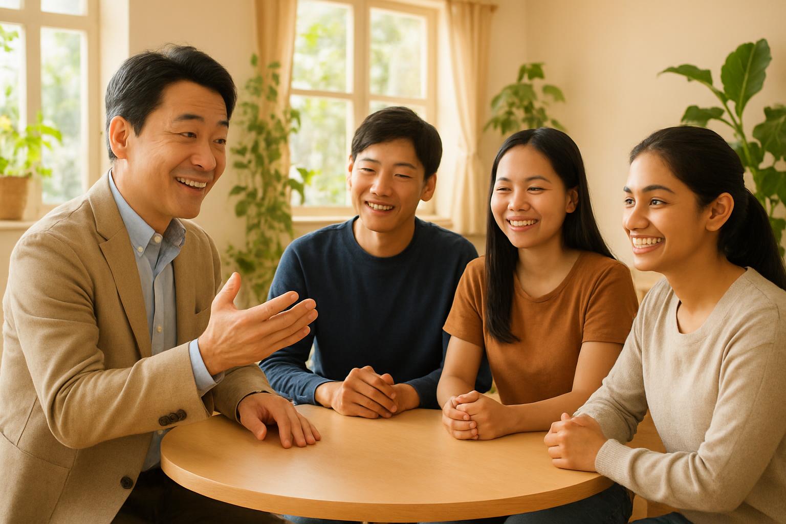 登録支援機関のスタッフが複数の外国人労働者に生活支援を行う場面