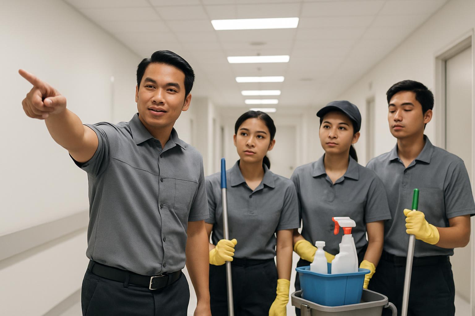 清掃チームを指導するリーダーのイメージ。特定技能2号へのキャリアアップ