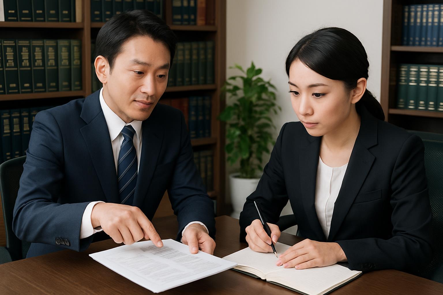 行政書士事務所で企業の人事担当者が相談している専門的な場面