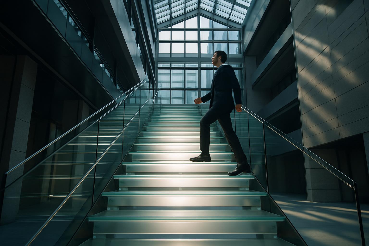 キャリアアップの階段を上る外国人材のイメージ