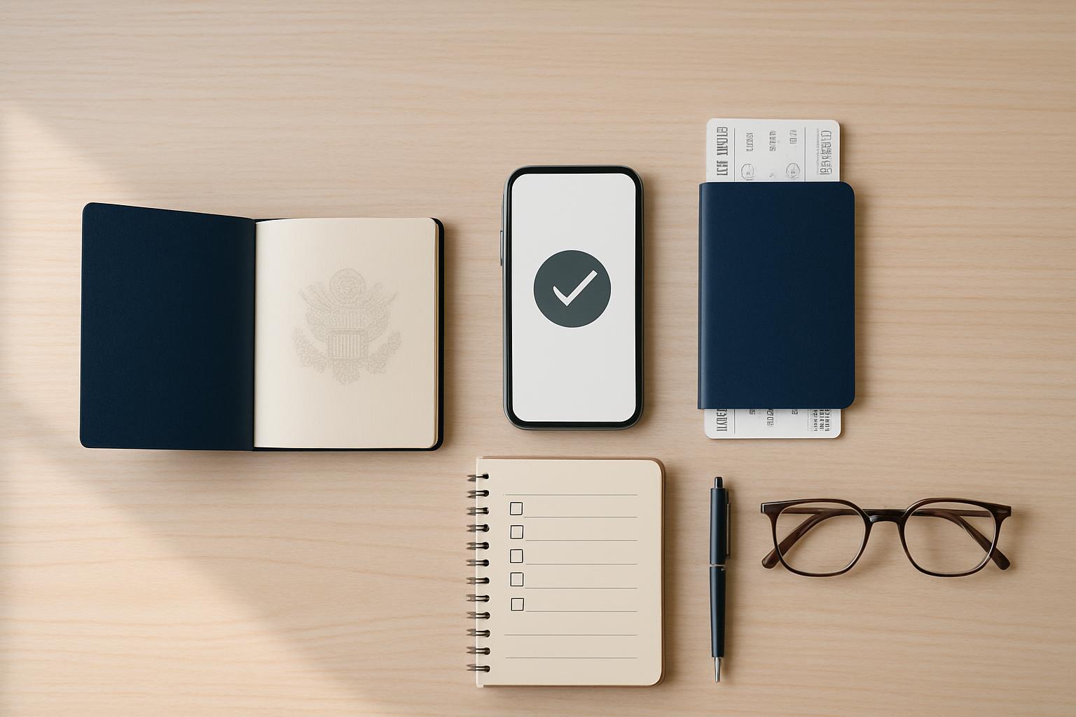 パスポートとスマートフォンを使った渡航準備のフラットレイ写真