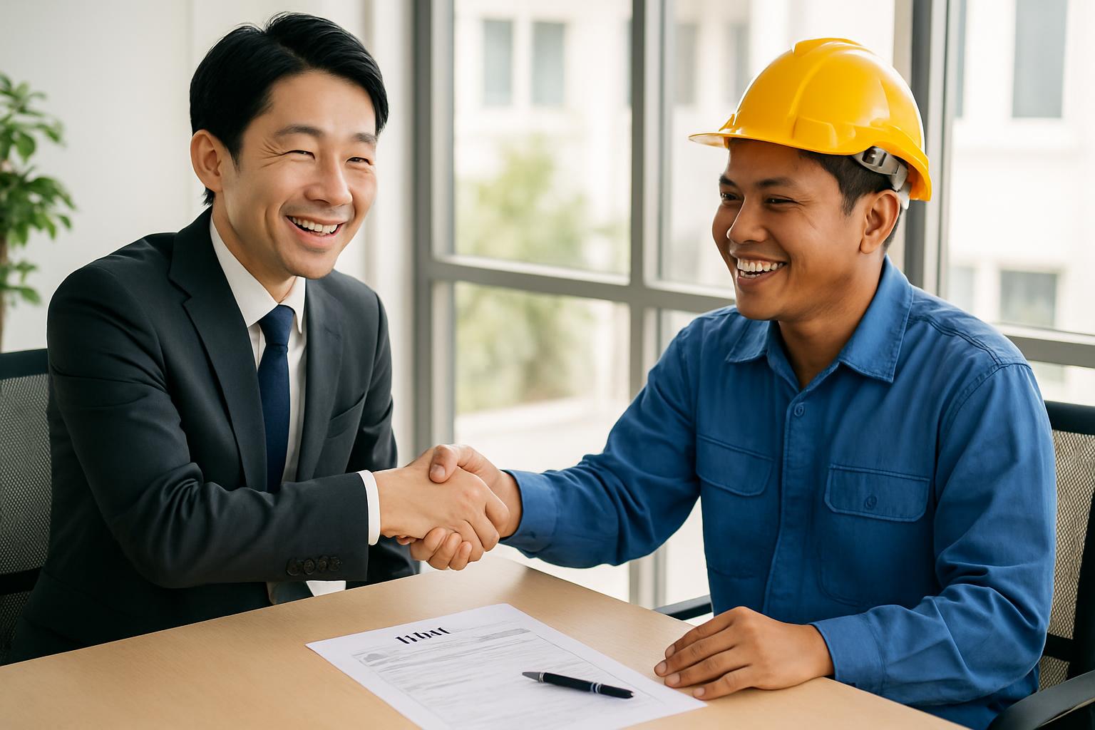 行政書士と外国人従業員が握手する成功イメージ