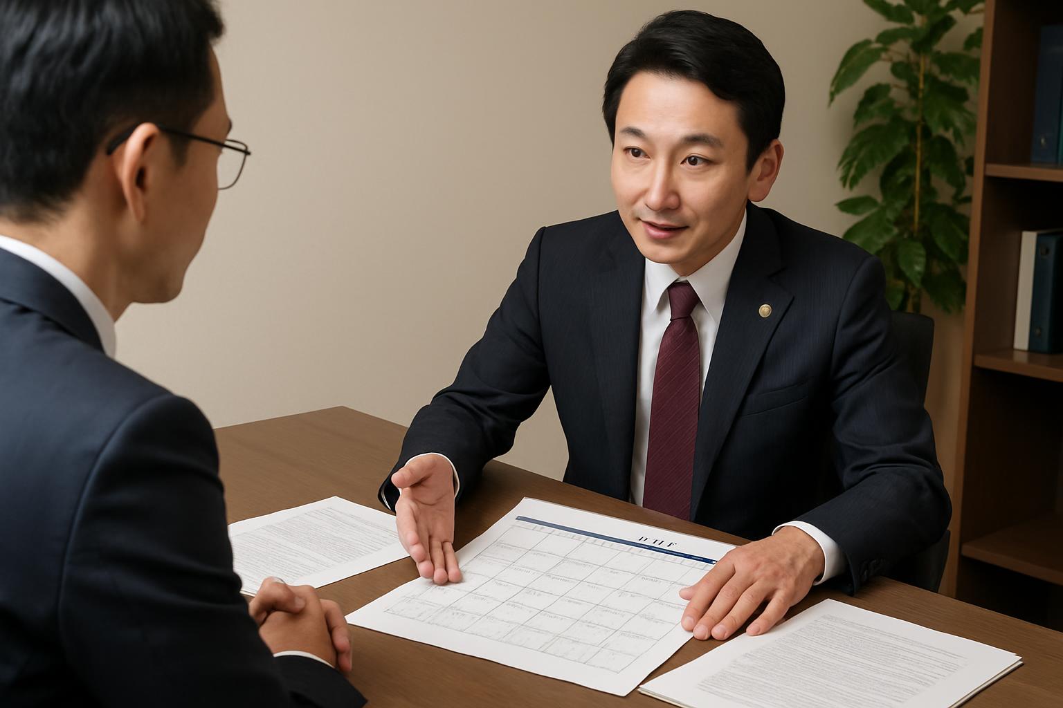 行政書士が2026〜2027年のスケジュールを企業担当者に説明するシーン
